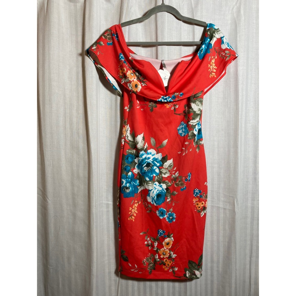 Red Floral Off Shoulder Sheath Dress L NWT Resortwear Party Victoria's Boutique